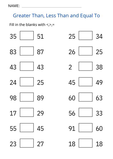 printable Greater Than, Less Than and Equal To Worksheet for grade 1, 2 ...