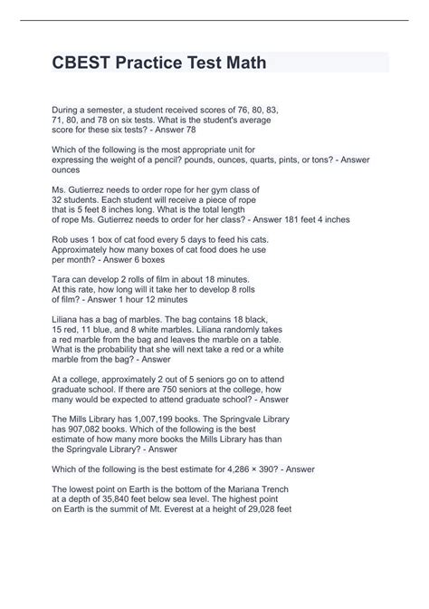 CBEST Practice Test Math with complete solutions. - CBEST - Stuvia US