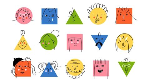 Doodle geometric people bright cute funny faces social media user ...
