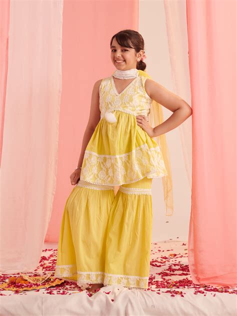 Buy Sha Lime White Net Sharara Set Online