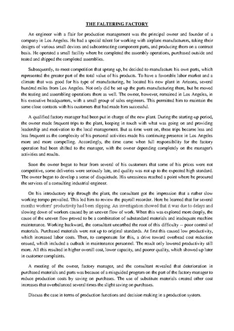 M1 S1 Case Study: Analyzing Production Issues in The Faltering Factory ...