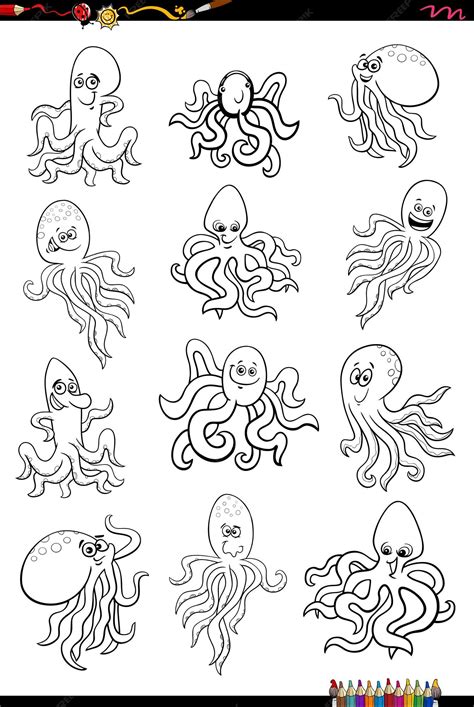 Cartoon octopus marine animal characters set coloring page | Premium Vector