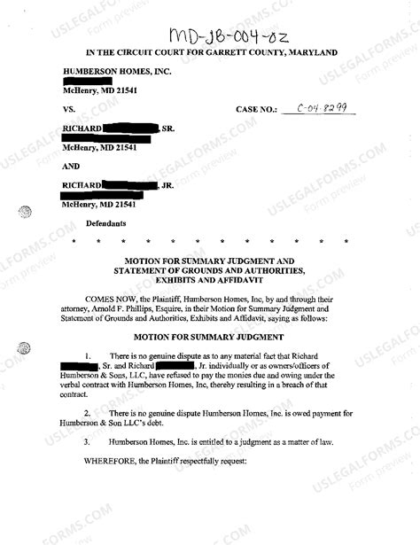 Maryland Motion For Summary Judgment and Statement Of Grounds and ...