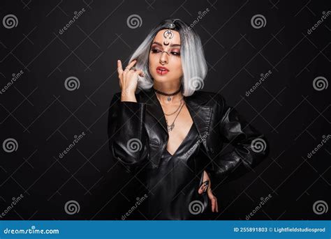 Woman in Leather Jacket and Stock Image - Image of party, dark: 255891803