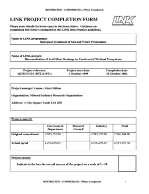 Fillable Online bart bangor ac LINK PROJECT COMPLETION FORM ...