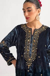 Buy Blue Velvet Sequins, Embroidery Round Neck Hand Kurta With Pant For ...