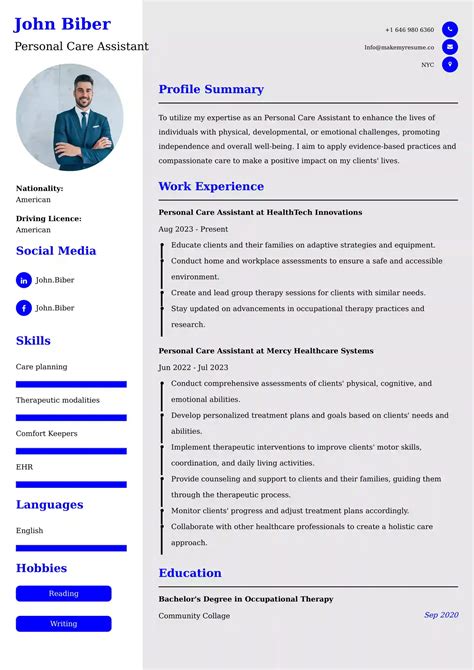 Personal Care Assistant Resume Examples India