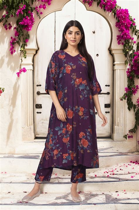 Buy Purple Floral Printed A-line Rayon Kurta with Pant Set Online for ...