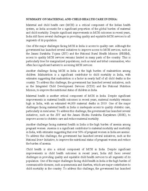Summary ON Maternal AND Child Health CARE IN India - SUMMARY ON ...