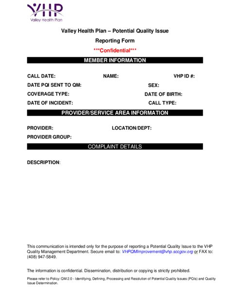 Fillable Online Valley Health Plan Potential Quality Issue Reporting ...