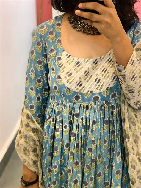 Blue block print anarkali with long sleeves Set of 3 – Hasli India