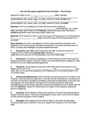 2020-2026 Form Use and Occupancy Agreement by Purchaser Pre-closing ...