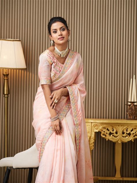 Buy Pink Organza Embroidered Saree With Blouse Piece online-Karagiri
