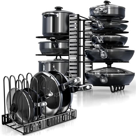 Pots and Pans Organizer Under Cabinet - 8-Tier Adjustable Pan Organizer ...