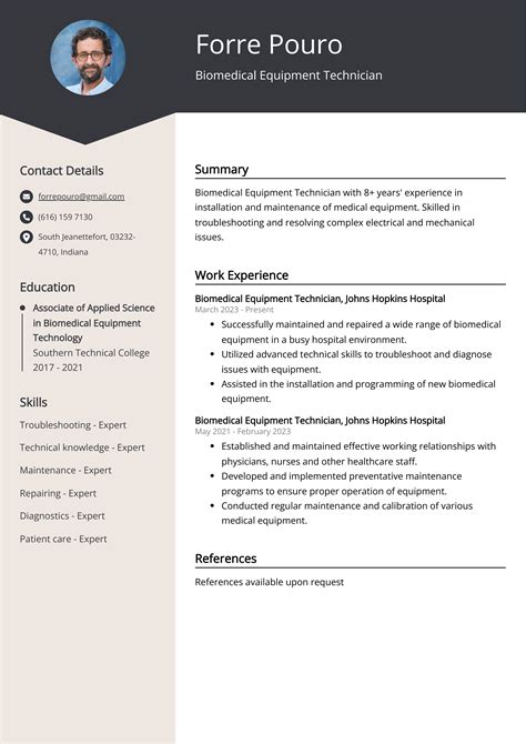 Biomedical Equipment Technician Resume Example for 2025 (Skills & Templates)