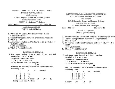 CCS357 Optimization Techniques Internal Assessment Test II - Key ...