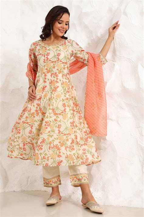 Buy White Floral Printed Thread Embroidered Neck Chiffon Flared Kurta ...