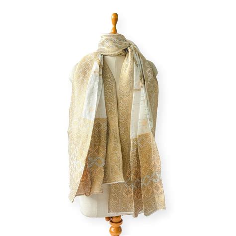 White & Gold Traditional Mughal Woven Pure Russian Silk Dupatta ...