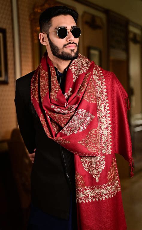 Pashtush Mens Fine Woollen, Silky Thread Nalki Embroidery Stole, Red ...