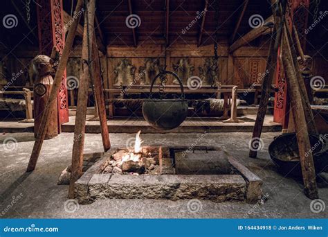 Viking Village Interior. Cooking Pot Over the Fireplace Stock Photo ...