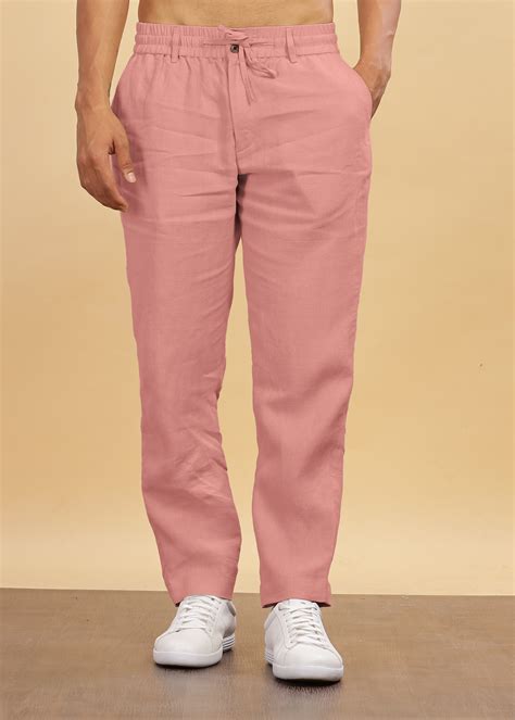 Rose Pink Pure Linen Pants With Elastic Waistband, Drawcord & Zipper ...