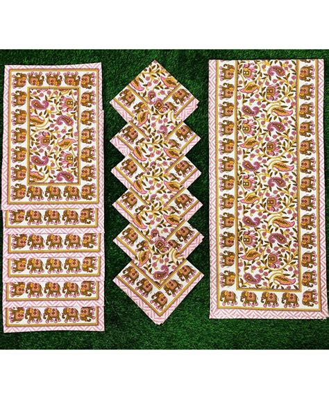 Hand block printed cotton table runner with 6 table mats and napkins ...