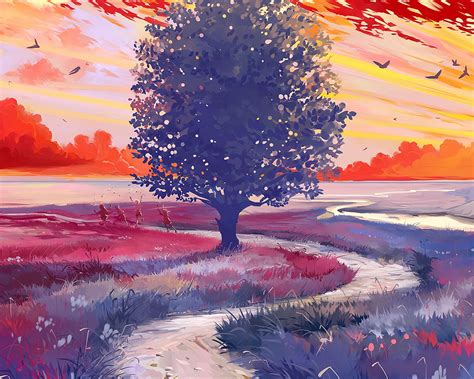 Download wallpaper 1280x1024 tree, path, art, field standard 5:4 hd ...