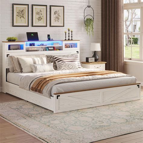 Ivy Bronx Farmhouse Bed Frame King Size With Bookcase Headboard And 2 ...