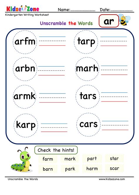 Kindergarten Unscramble words Worksheets for all word families