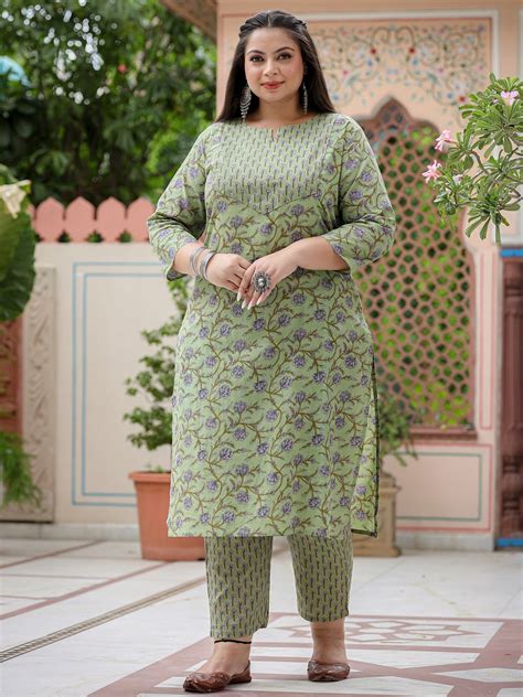 Plus Size Floral Printed Pure Cotton Straight Kurta & Palazzos With Du ...
