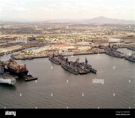 An aerial view of ships moored at San Diego Naval Base. Base: San Diego ...