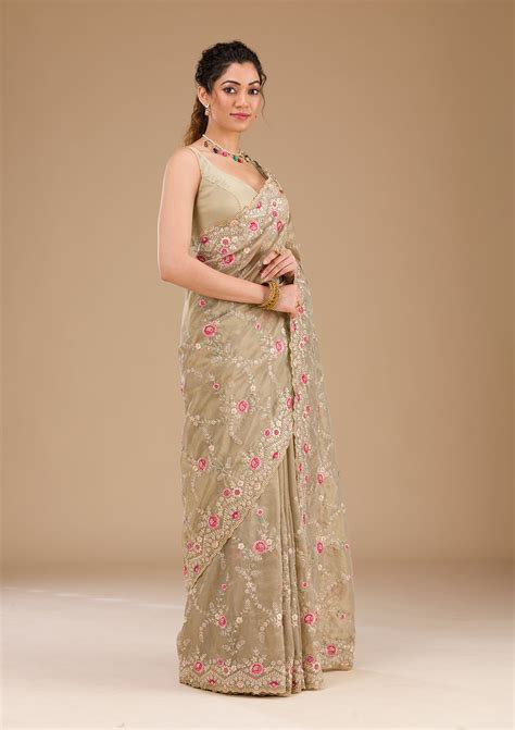 Buy Pista Green Threadwork Tissue Saree - Koskii