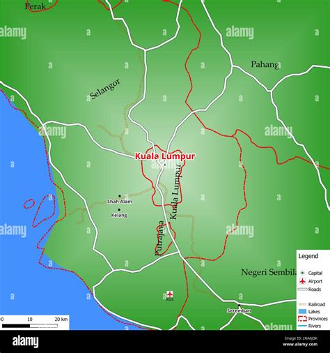Map of the capital city Kuala Lumpur with main streets, rivers, lakes ...