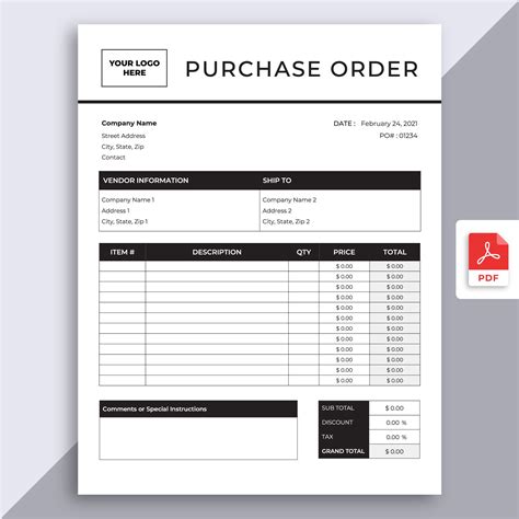 Purchase Order Template Fillable PDF Editable Professional Business Form Order Sheet Digital ...