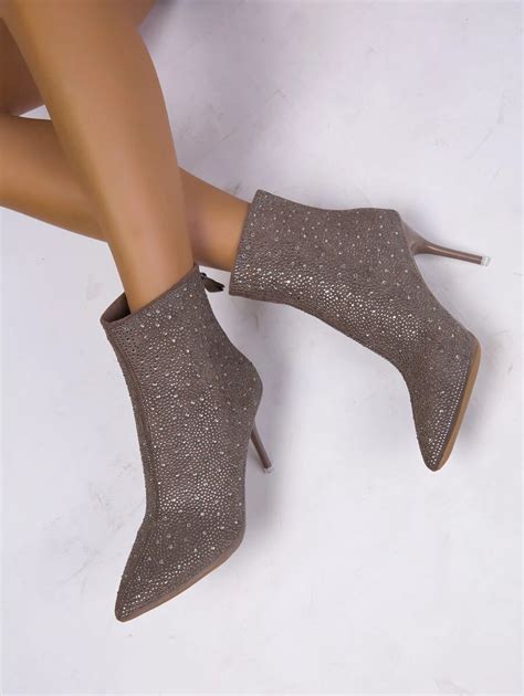 Suedette Zip Back Stiletto Heeled Glitter Boots | SHEIN USA