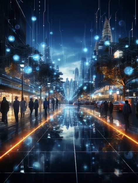 People walking on a city street at night with lights on generative ai ...