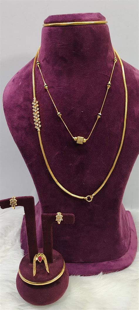 Premium micro gold plated 4 set combo (thali chain, short black beads ...