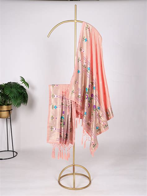 Peach Color Weaving Zari Work Jacquard Paithani Silk Dupatta ...