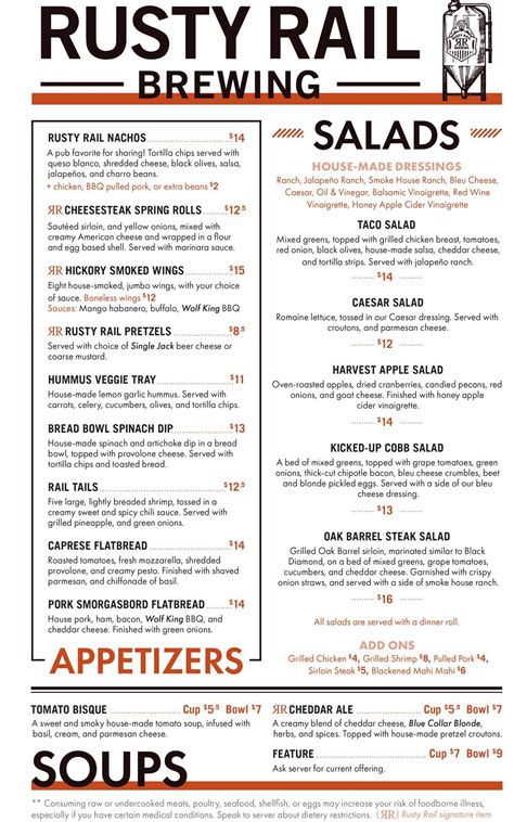 Menu at Rusty Rail Brewing Company pub & bar, Mifflinburg