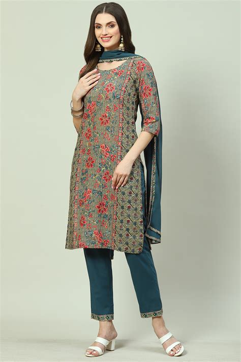 Multicolored Printed Straight Kurta Regular Pant Suit Set