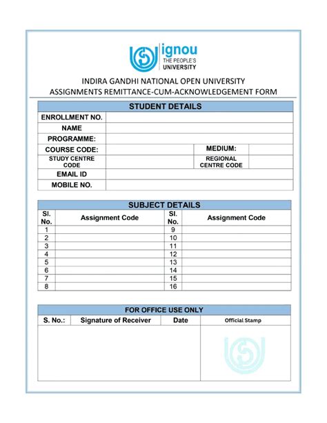 Image result for Ignou Assignment Receipt Form