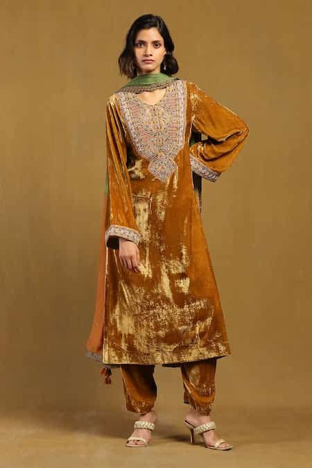 Buy Yellow Silk Velvet Embroidery Thread Round Pushp Bead Yoke Kurta ...