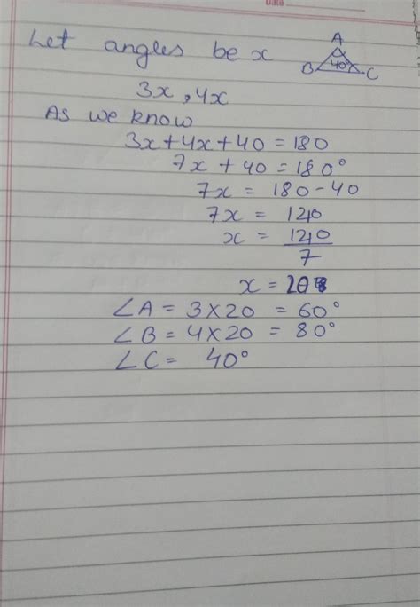 in ∆ABC, A: B=3 :4 and C =40° calculate Q - Brainly.in