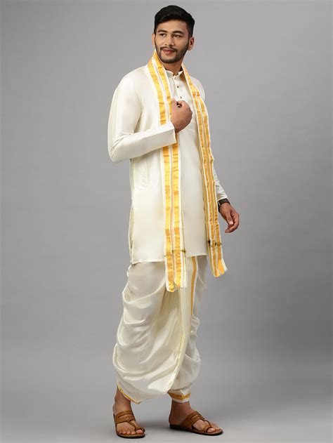 Men Silk Kurta and Readymade Panchakacham Set 3/4" inch Jari Border