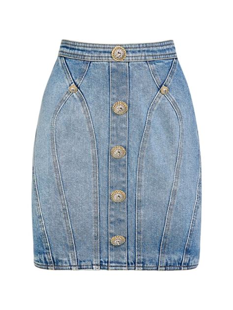 Stretch cotton denim mini skirt - Balmain - Women | Luisaviaroma