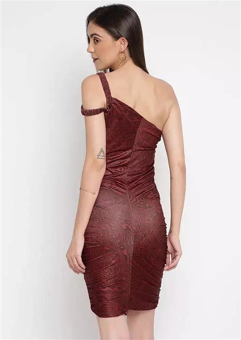 Brown Marble Print One Shoulder Bodycon Mini Dress - IKI CHIC