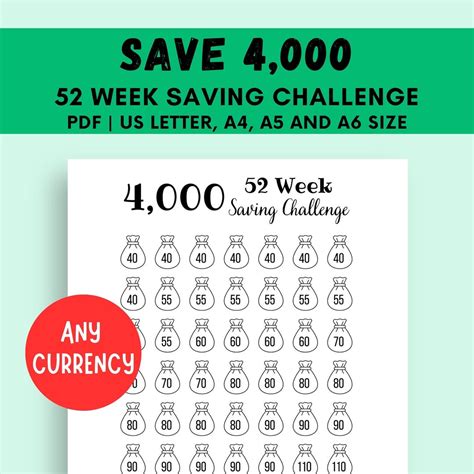 52 Week Saving Challenge Printable, 4000 Money Challenge, 1 Year ...
