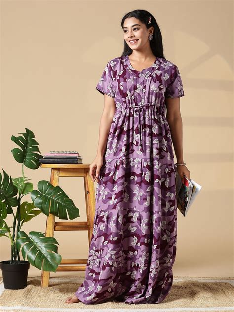 Purple Front Open Nighty for Women in Leaf Camouflage Print – 9shines label