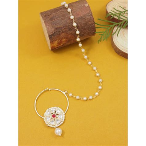 Buy I Jewels Pink Gold-Plated Stones Studded Beaded Chained Nose Ring ...