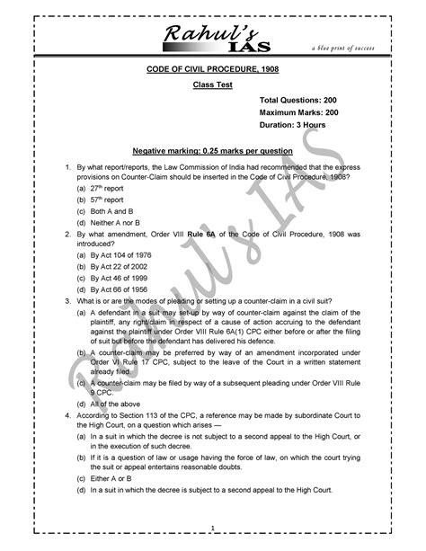 CPC-TEST- Paper - CODE OF CIVIL PROCEDURE, 1908 Class Test Total ...